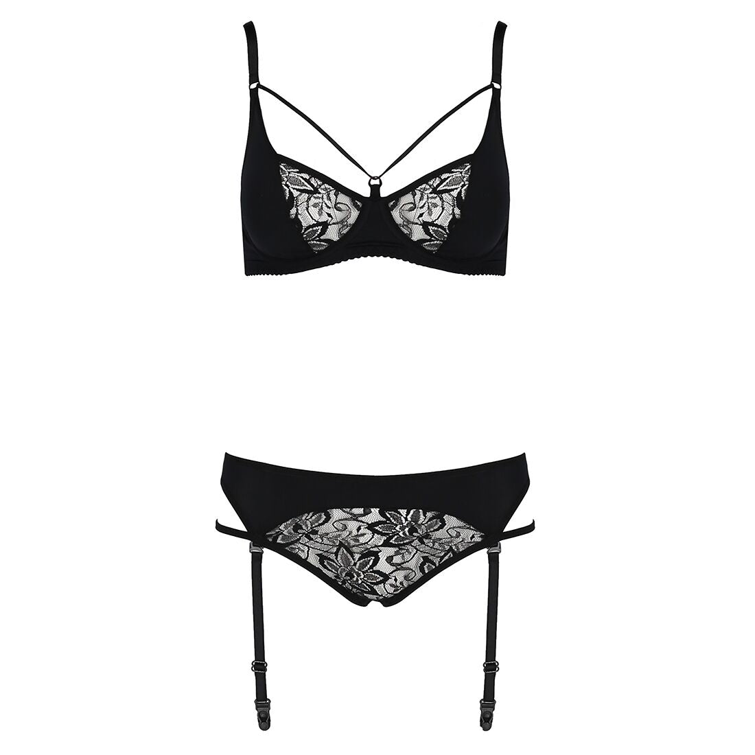 Комплект білизни Passion PAULINE SET L/XL, black, стрепи, ліф, стрінги і пояс для панчох