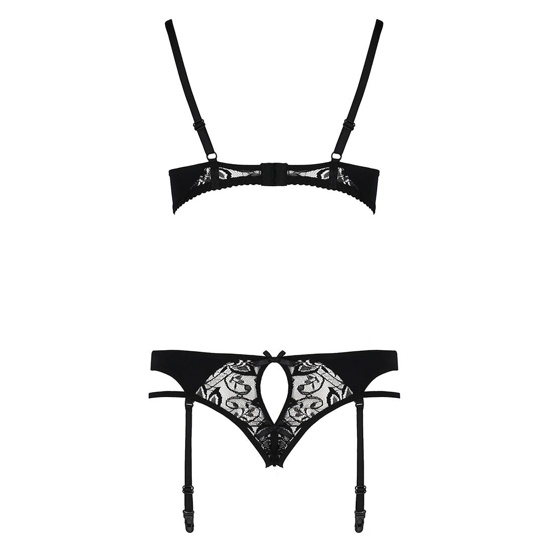 Комплект білизни Passion PAULINE SET L/XL, black, стрепи, ліф, стрінги і пояс для панчох