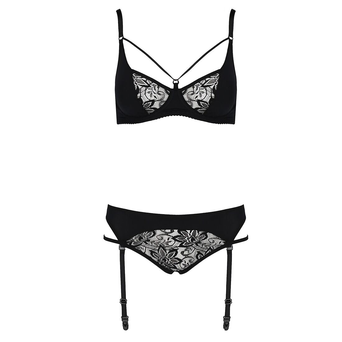 Комплект білизни Passion PAULINE SET S/M, black, стрепи, ліф, стрінги і пояс для панчох