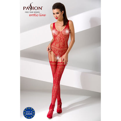 Бодістокінг Passion BS051 red, комбінезон, імітація панчіх і боді