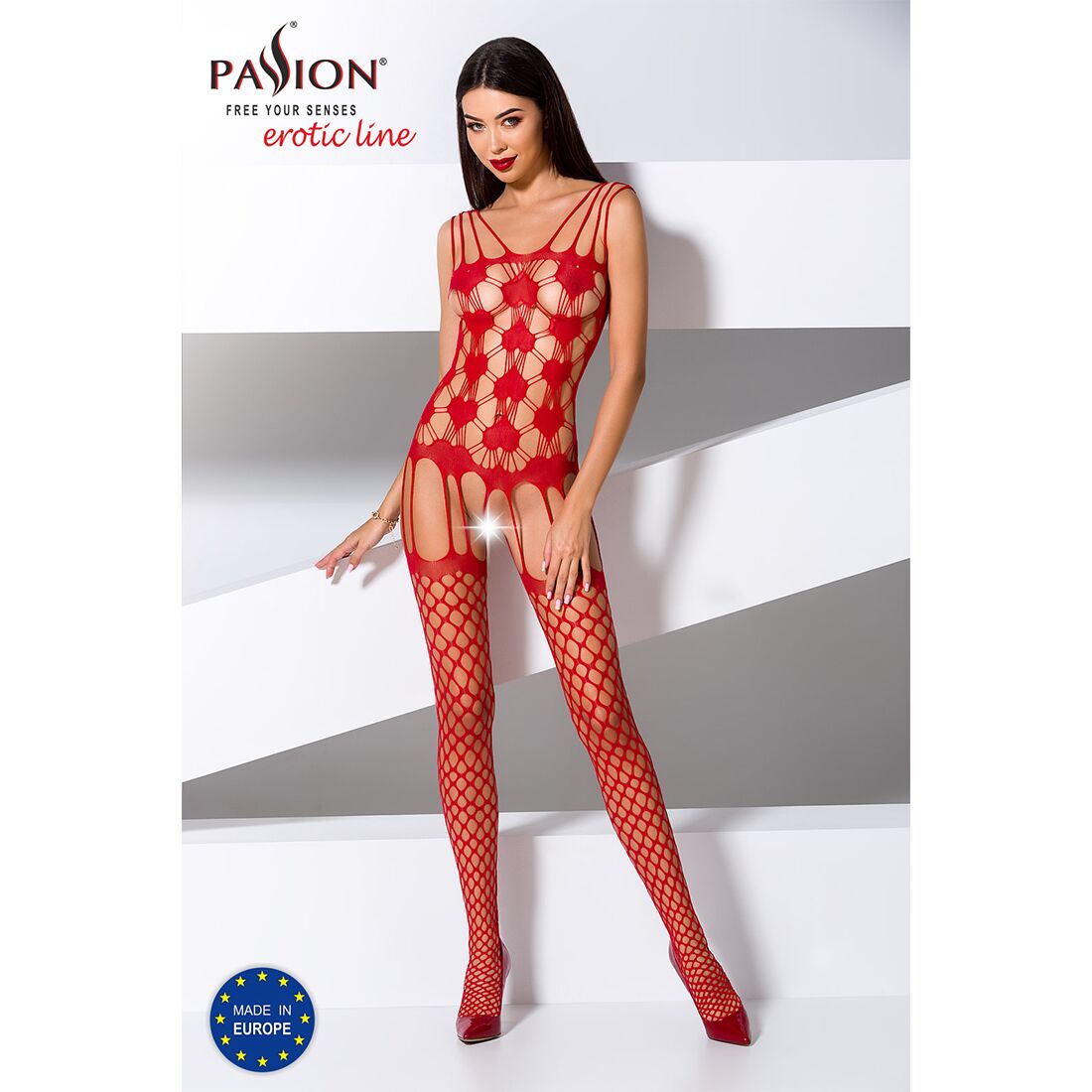 Бодістокінг Passion BS067 red, комбінезон, імітація панчох і топа на бретелях