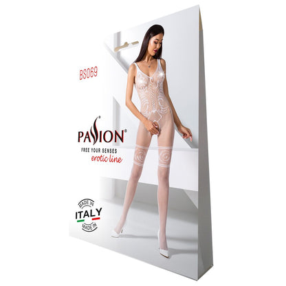 Бодістокінг Passion BS069 white, комбінезон, імітація панчох і боді