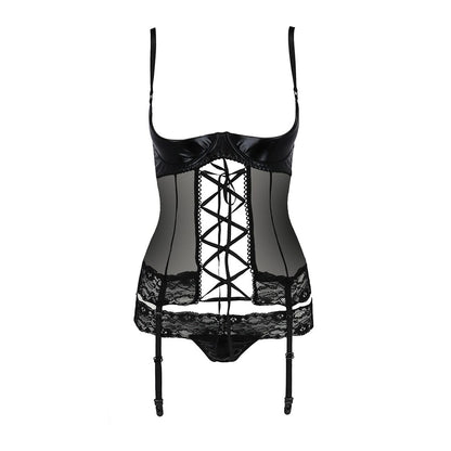 Корсет з відкритими грудьми Passion Exclusive NORTH CORSET XXL/XXXL, black, пажі, трусики, шнурівка