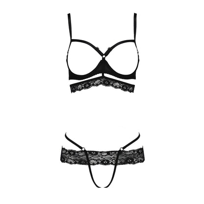 Комплект білизни Passion Exclusive SARIA SET OpenBra L/XL, black, стрепи, відкритий ліф, стрінги