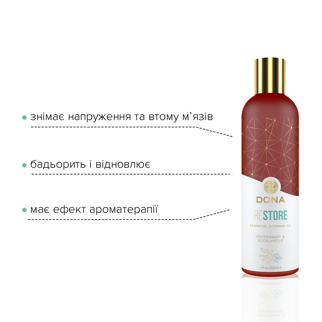 Натуральна масажна олія DONA Restore – Peppermint & Eucalyptus (120 мл) з ефірними оліями