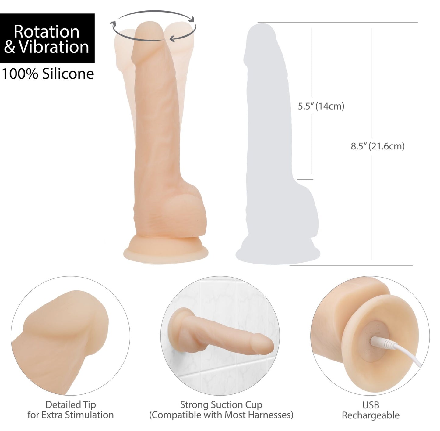 Фалоімітатор з вібрацією та ротацією Naked ADDICTION James 8″ Rotating & Vibrating Dong, пульт ДК