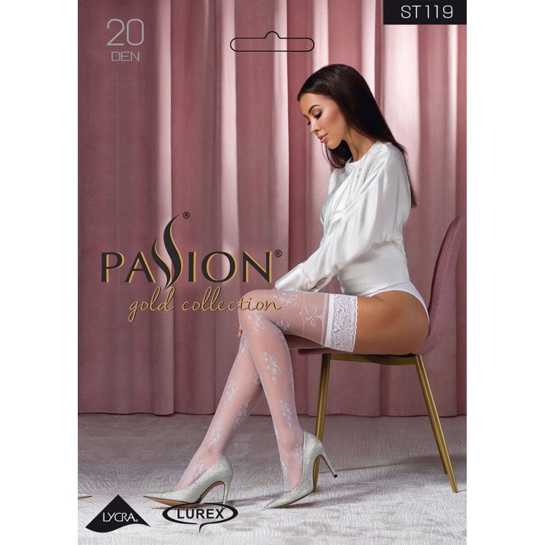 Панчохи Passion ST119 1/2 white, ажурна силіконова резинка з квітковим декором і люрексовою ниткою