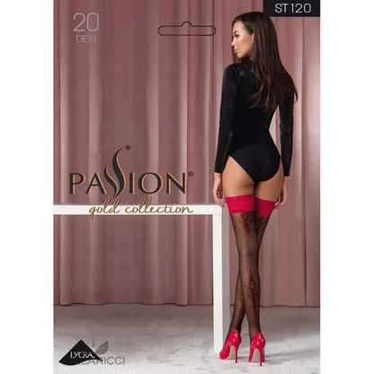 Панчохи Passion ST120 1/2 black-red, на ажурній силіконовій резинці, з вишуканим декором та люре