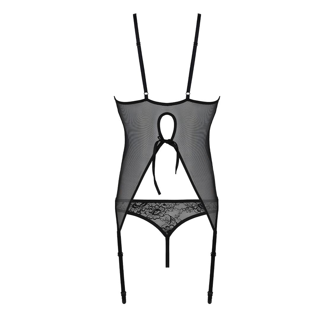 Корсет із пажами, трусики з ажурним декором та відкритим кроком Passion URSULA CORSET L/XL, black