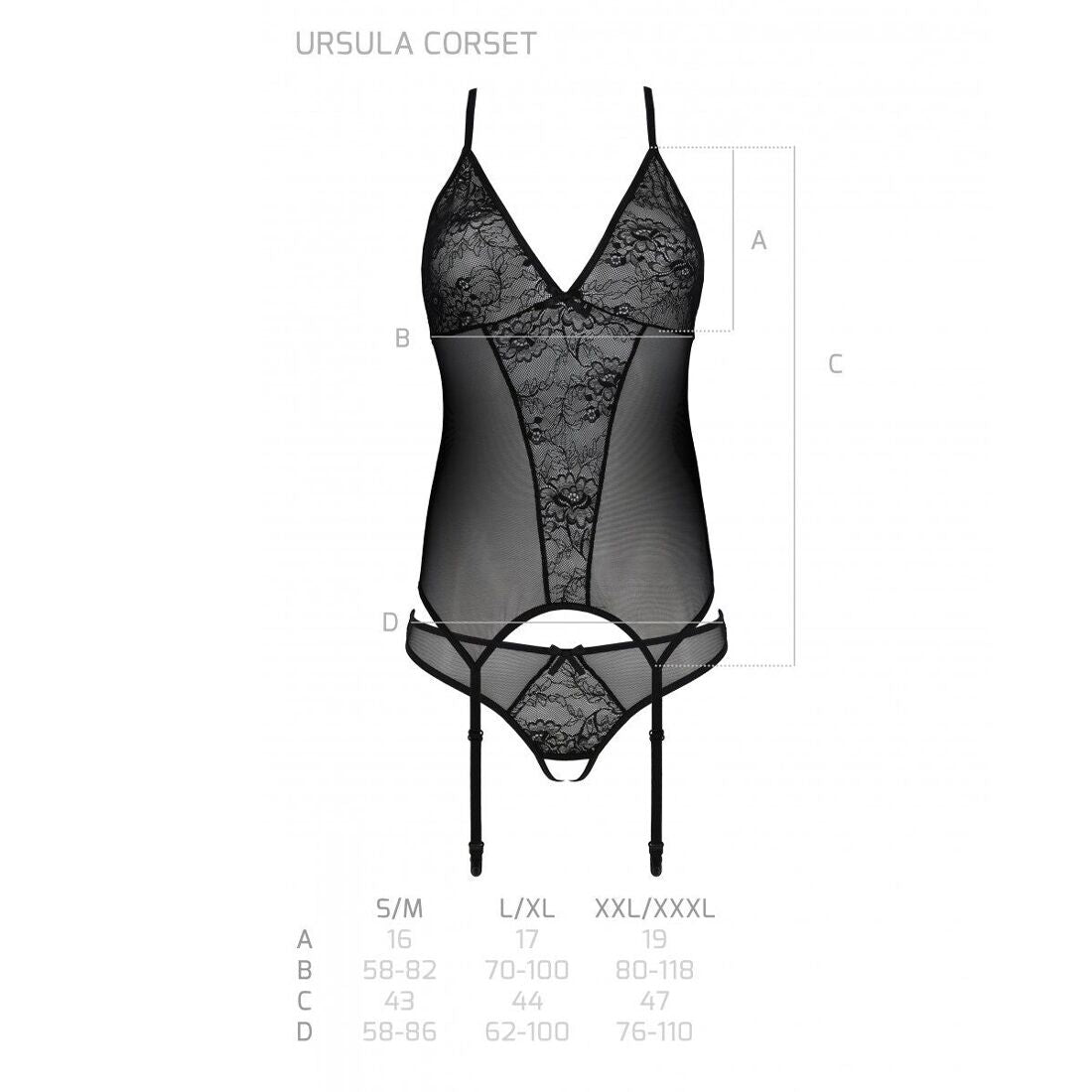 Корсет із пажами, трусики з ажурним декором та відкритим кроком Passion URSULA CORSET L/XL, black