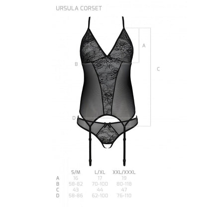 Корсет із пажами, трусики з ажурним декором та відкритим кроком Passion URSULA CORSET L/XL, black