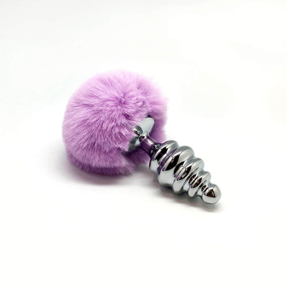 Металева анальна пробка Кролячий хвостик Alive Fluffy Twist Plug L Purple, діаметр 3,8 см