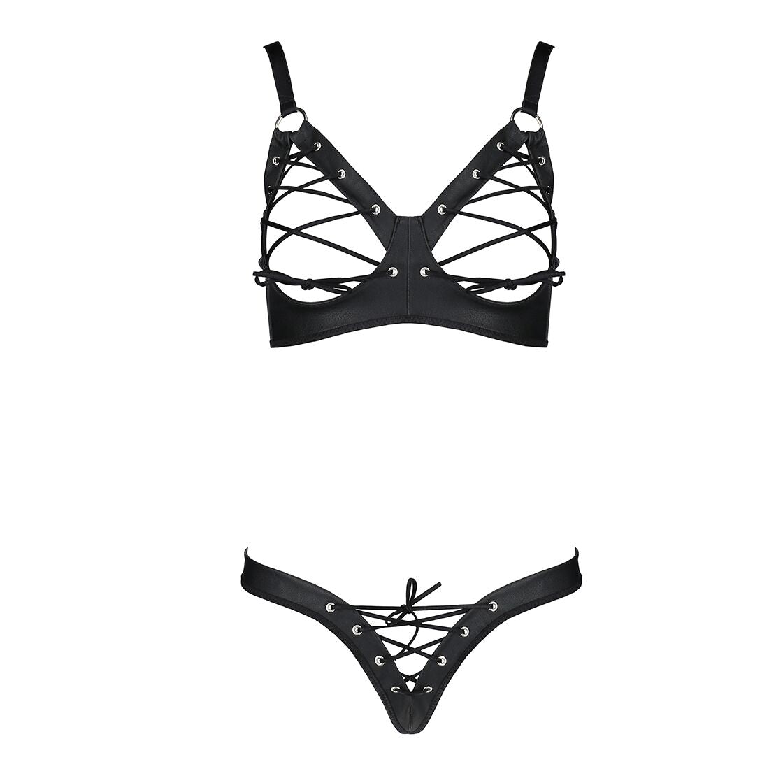 Комплект з екошкіри Passion CELINE BIKINI L/XL black, відкритий бра зі стрічками, стрінги