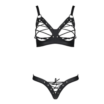 Комплект з екошкіри Passion CELINE BIKINI L/XL black, відкритий бра зі стрічками, стрінги