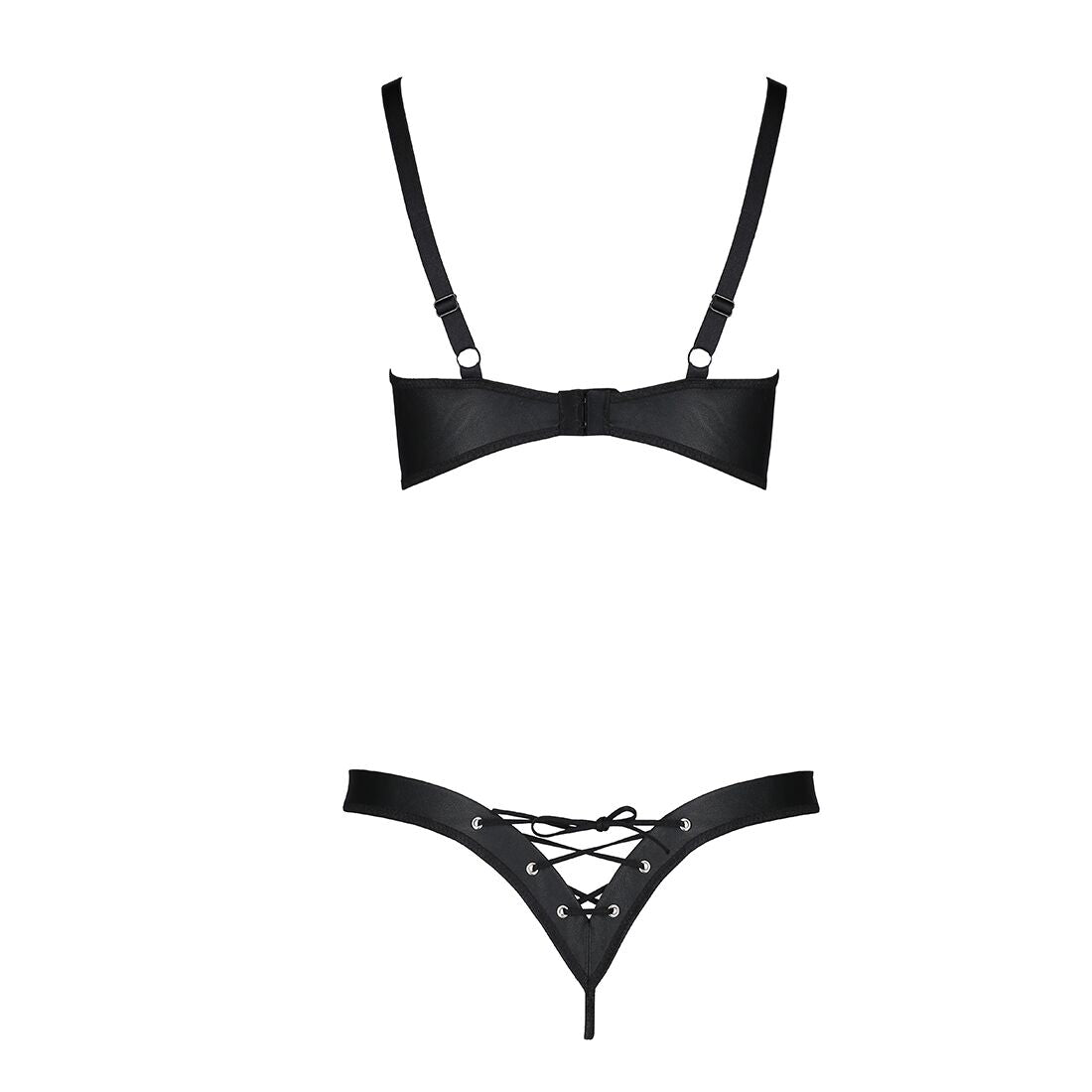 Комплект з екошкіри Passion CELINE BIKINI L/XL black, відкритий бра зі стрічками, стрінги