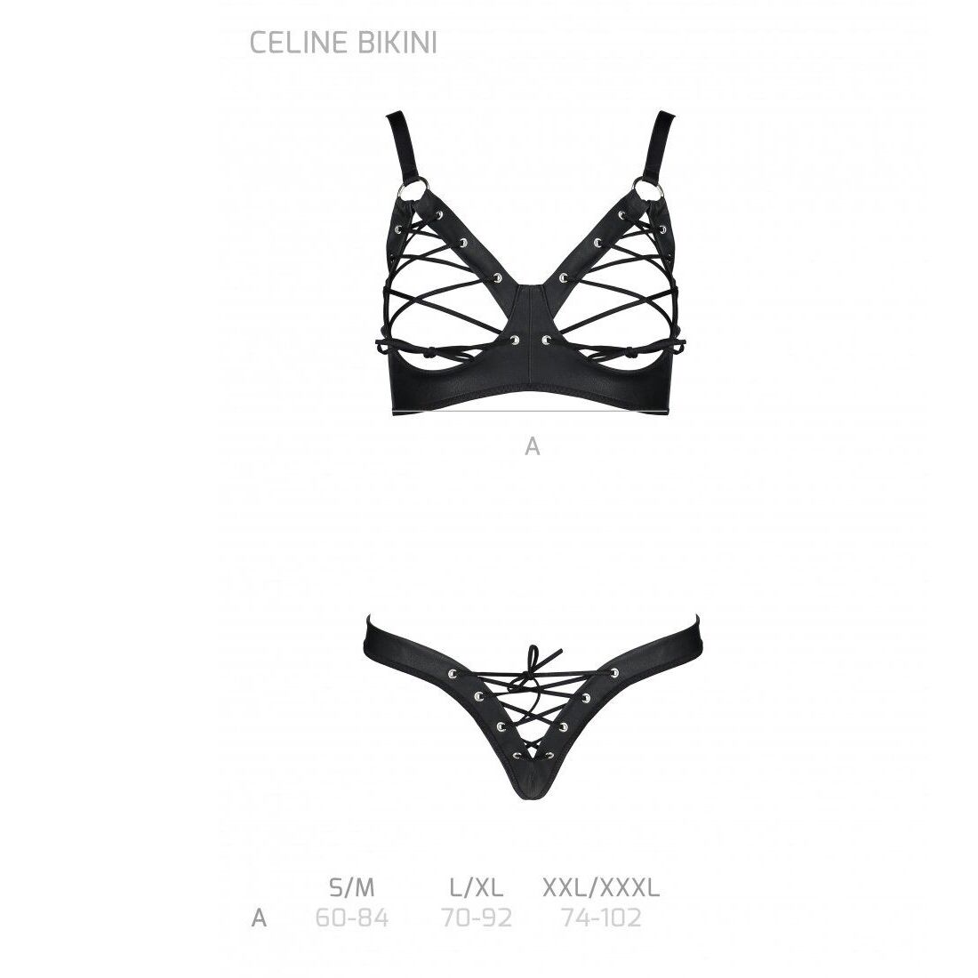 Комплект з екошкіри Passion CELINE BIKINI L/XL black, відкритий бра зі стрічками, стрінги