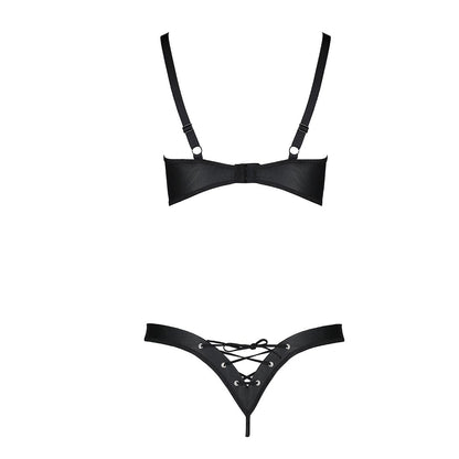 Комплект Passion CELINE BIKINI 2XL/3XL black відкритий бра з стрічками стрінги з шнурівкою, екошкіра