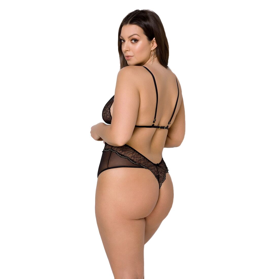 Боді Passion AMBERLY BODY 4XL/5XL black, асиметричний крій, мереживний ліф, золота нитка