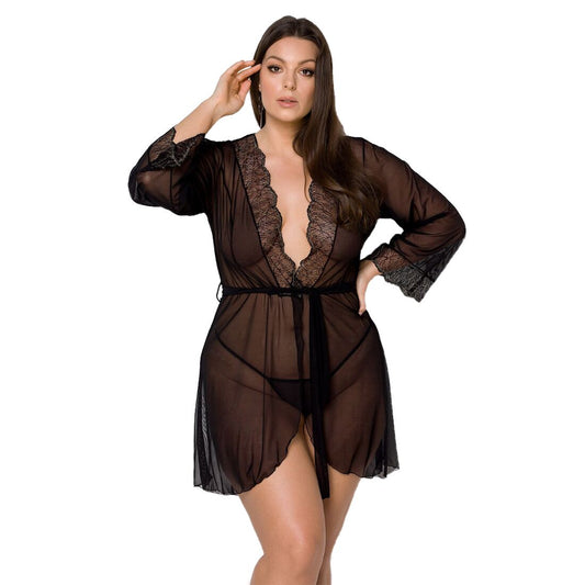 Пеньюар Passion AMBERLY PEIGNOIR 4XL/5XL, black, ажурні декольте та манжети, широкі рукави