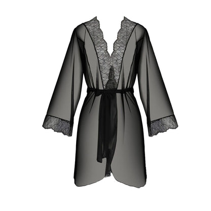 Пеньюар Passion AMBERLY PEIGNOIR 6XL/7XL, black, ажурні декольте та манжети, широкі рукави