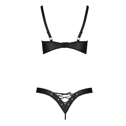 Комплект з екошкіри Passion CELINE BIKINI 4XL/5XL black, відкритий бра, стрінги зі шнурівкою