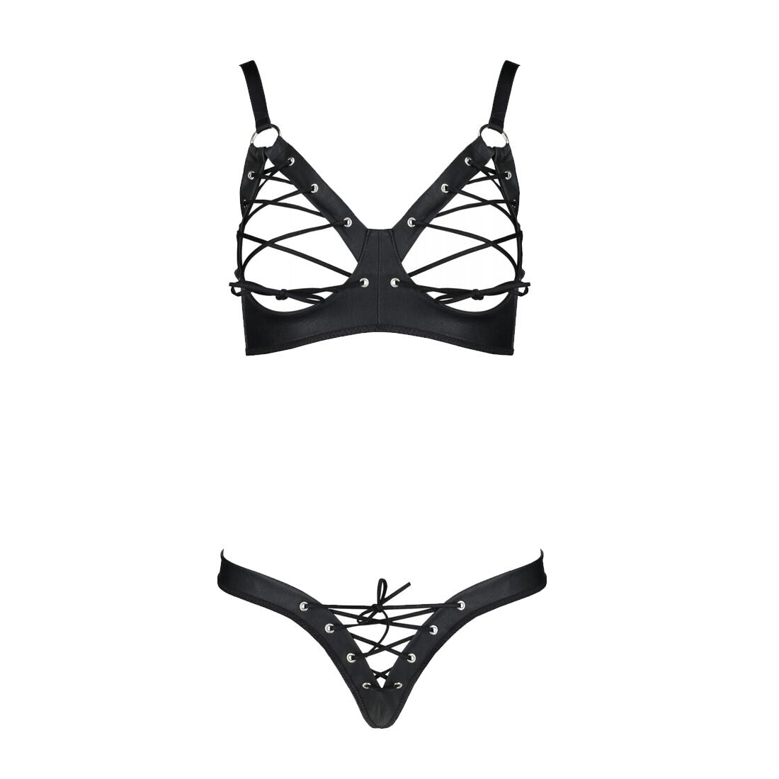 Комплект з екошкіри Passion CELINE BIKINI 4XL/5XL black, відкритий бра, стрінги зі шнурівкою