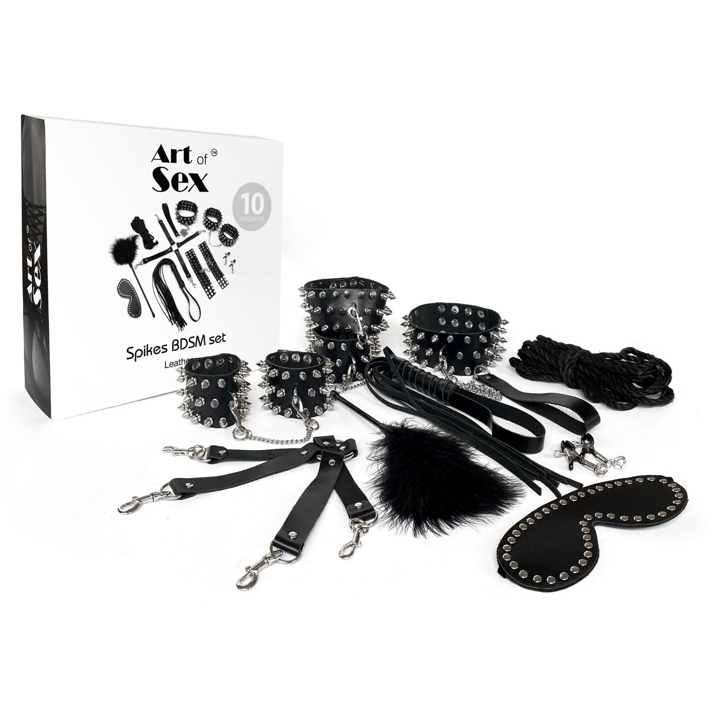 BDSM-набір Art of Sex – Spikes BDSM Set Leather, 10 предметів, чорний, натуральна шкіра