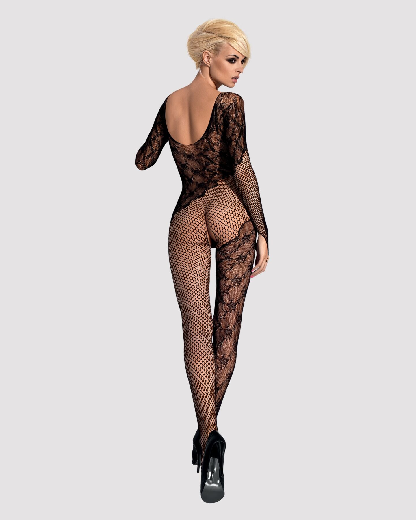 Бодістокінг Obsessive Bodystocking F210 S/M/L black, рукава-мітенки, сітка, кольорове мереживо