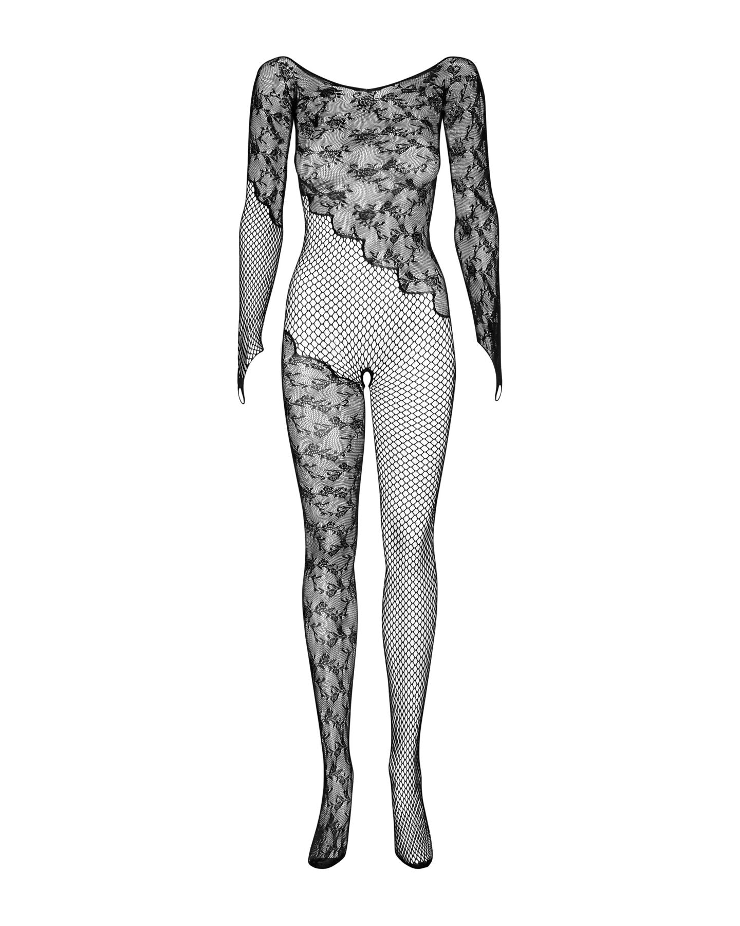 Бодістокінг Obsessive Bodystocking F210 S/M/L black, рукава-мітенки, сітка, кольорове мереживо