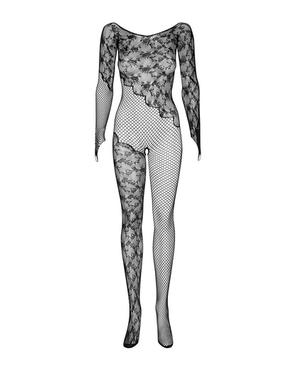 Бодістокінг Obsessive Bodystocking F210 S/M/L black, рукава-мітенки, сітка, кольорове мереживо