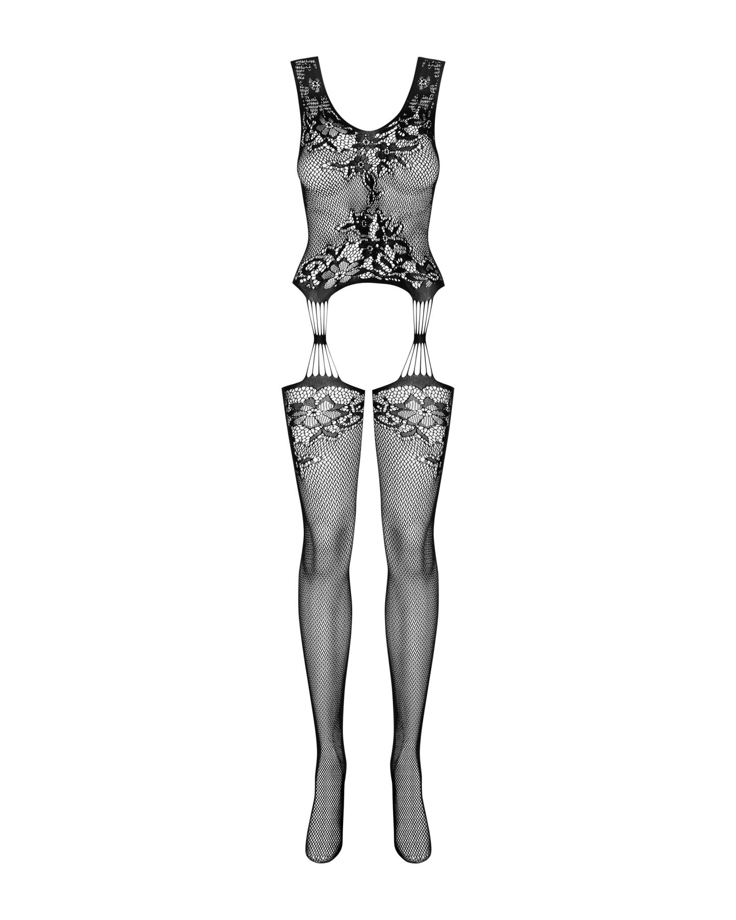 Бодістокінг Obsessive Bodystocking F221 S/M/L, силуетний малюнок з квітковими мотивами, імітація пан