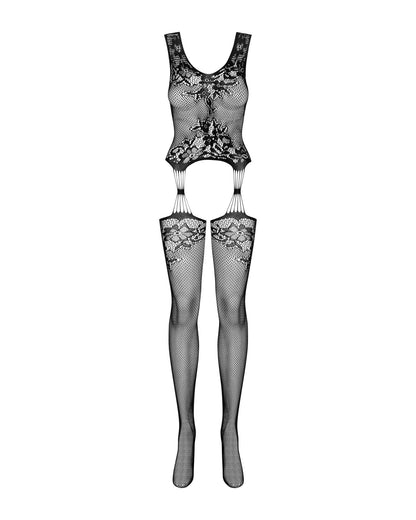 Бодістокінг Obsessive Bodystocking F221 S/M/L, силуетний малюнок з квітковими мотивами, імітація пан