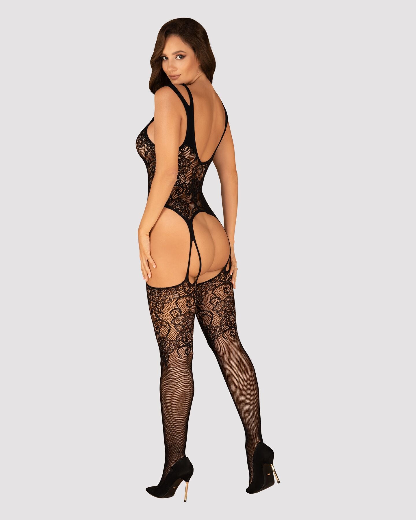 Бодістокінг Obsessive Bodystocking F237 XL/XXL, рослинне плетіння, імітація панчіх