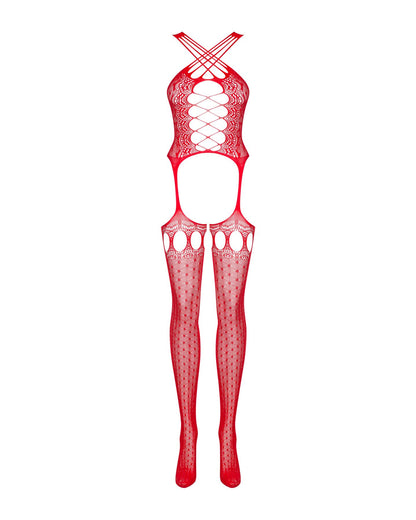 Бодістокінг Obsessive Bodystocking G313 S/M/L red, шнурівка, геометричний декор