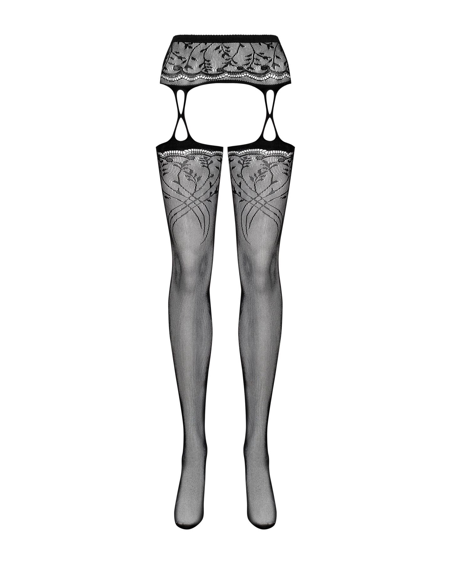 Панчохи-стокінги з рослинним малюнком Obsessive Garter stockings S206 black S/M/L чорні, імітація га