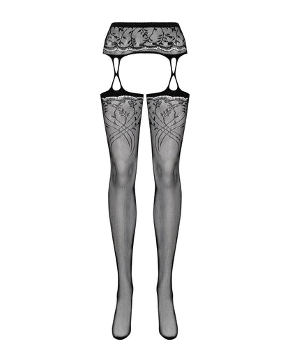 Панчохи-стокінги з рослинним малюнком Obsessive Garter stockings S206 black S/M/L чорні, імітація га