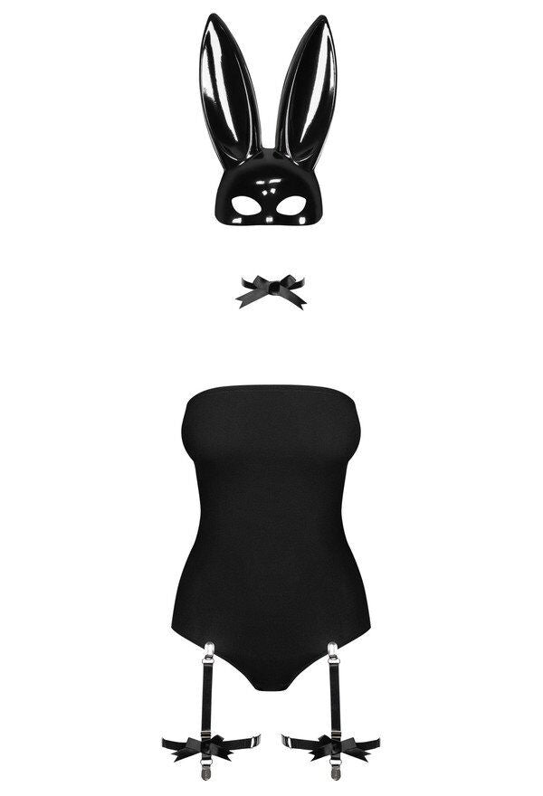 Еротичний костюм кролика Obsessive Bunny costume L/XL, black, боді, чокер, гартери, панчохи, маска