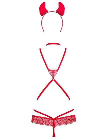 Еротичний костюм чортика зі стреп Obsessive Evilia teddy red S/M, боді, чокер, накладки на соски, об