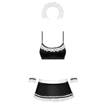 Атласний еротичний костюм покоївки Obsessive Maid set S/M, black, 5 предметів