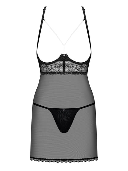 Прозора сорочка з відкритими грудьми Obsessive Pearlove chemise & thong black S/M, трусики