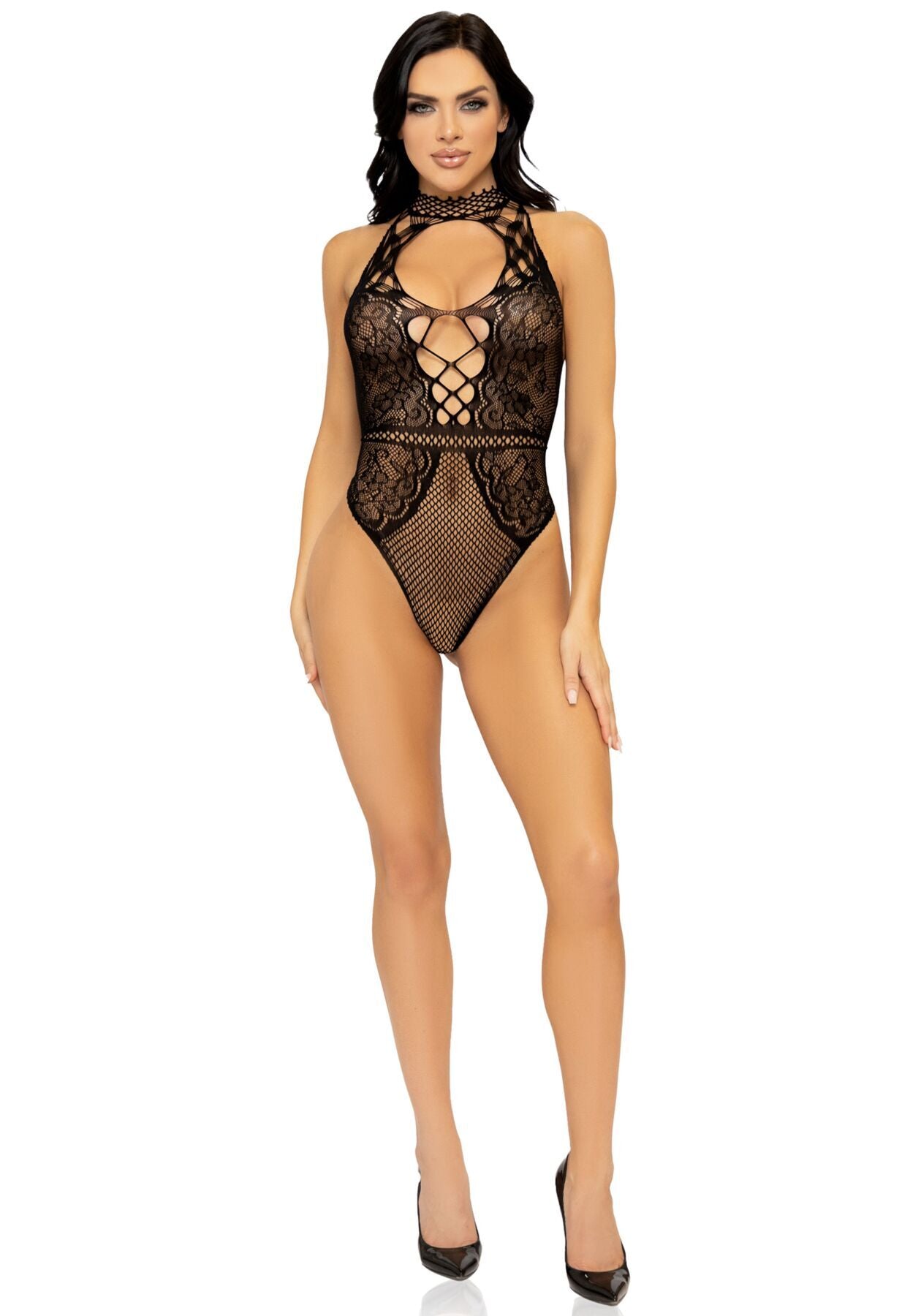 Leg Avenue Net and lace halter bodysuit OS Black