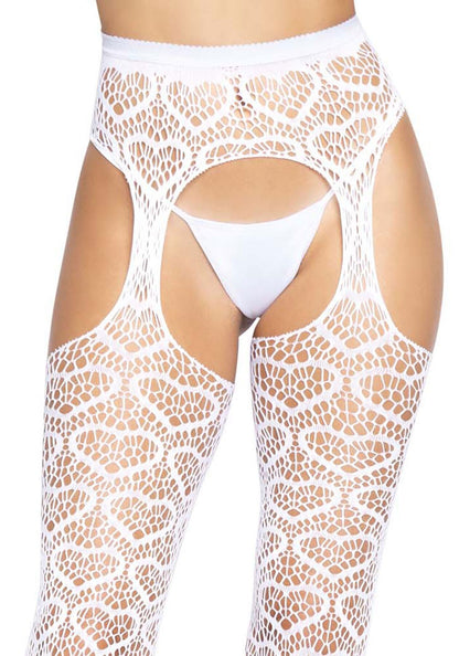 Ажурні колготки із сердечками Leg Avenue Heart White, one size, імітація панчіх