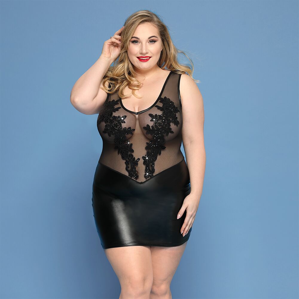 Елегантна сукня JSY «Леді Софія» Plus Size, black, дрібна сітка, вишивка, екошкіра