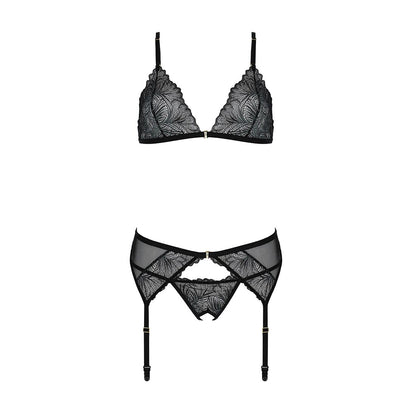 Комплект з відкритим доступом Passion DELIENA SET L/XL black, ліф, стрінги, пояс для панчіх