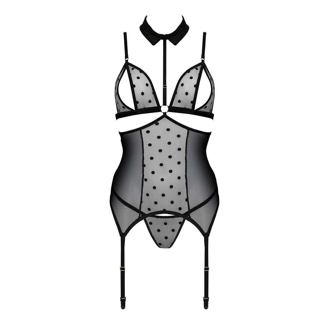 Корсет з відкритими грудьми Passion DOMINICA CORSET L/XL black, пажі для панчіх, стрінги