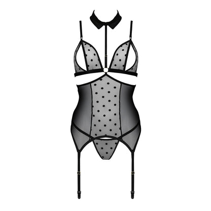 Корсет з відкритими грудьми Passion DOMINICA CORSET L/XL black, пажі для панчіх, стрінги