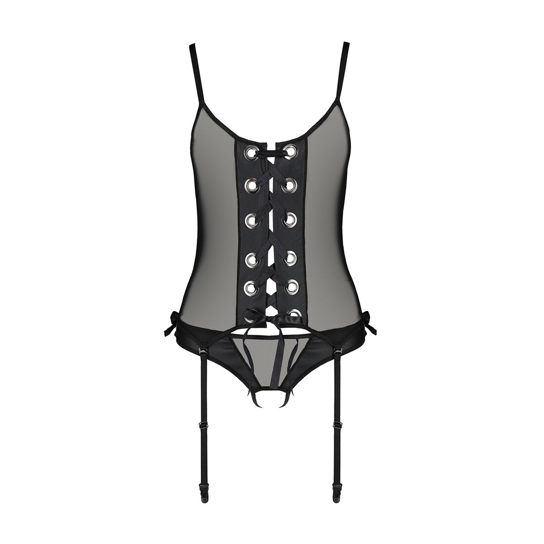 Корсет зі шнурівкою Passion NESSY CORSET L/XL black, стрінги з відкритим доступом, пажі для панчіх