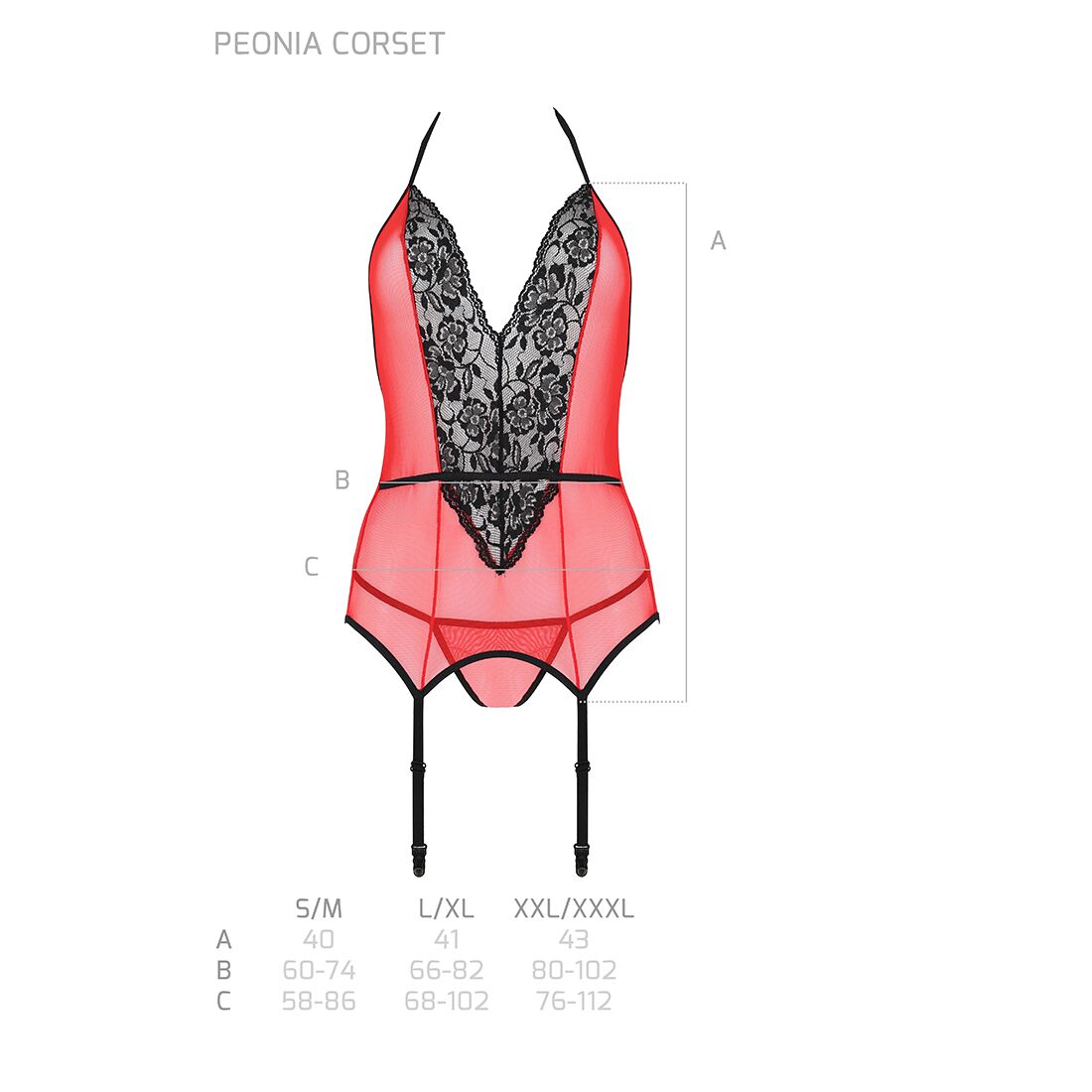 Корсет з пажами для панчіх Passion PEONIA CORSET S/M red, стрінги