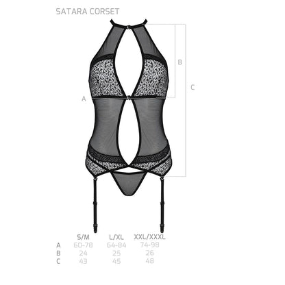 Корсет з пажами Passion SATARA CORSET L/XL black, стрінги, мереживо, застібки спереду та ззаду