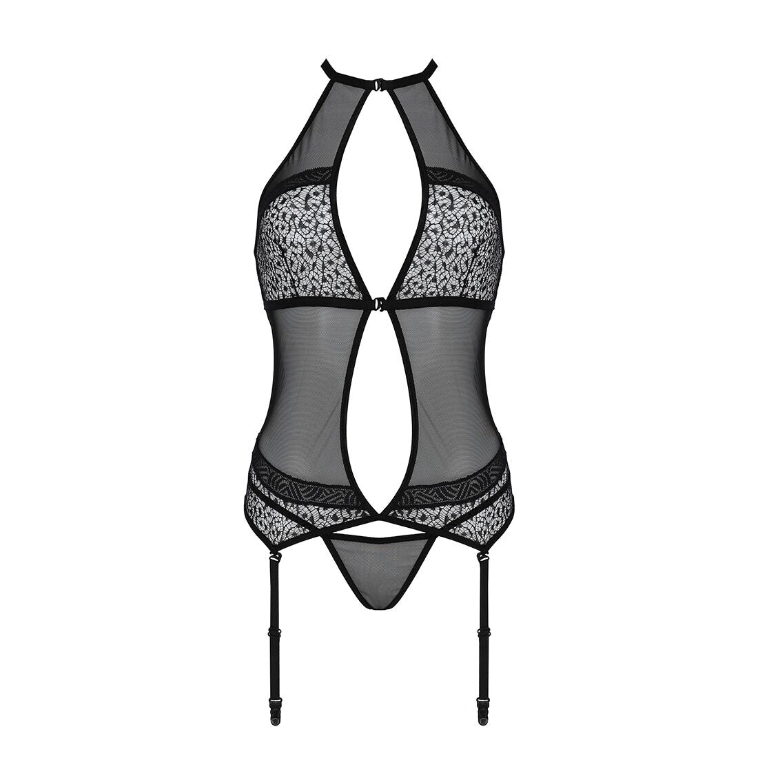 Корсет з пажами Passion SATARA CORSET L/XL black, стрінги, мереживо, застібки спереду та ззаду